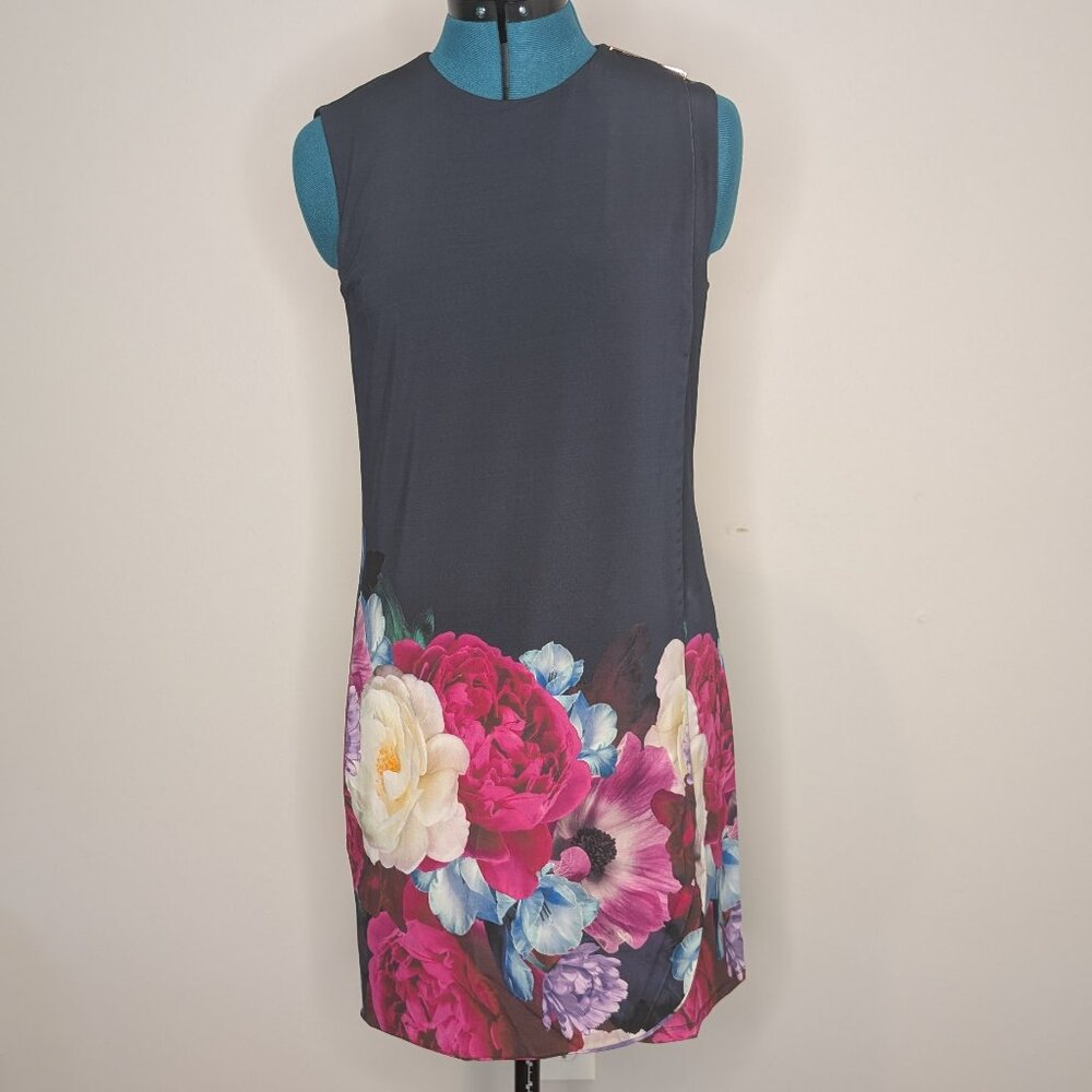 Ted Baker Navy and Floral Sleeveless Drape Front Dress, Size 2